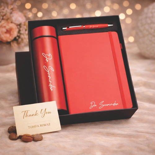 3 in 1 gift combo with diary notebook, stainless steel water bottle and pen by Tohfa Riwaz