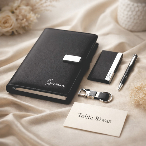 4 in 1 premium gift combo with diary notebook, key chain, card holder and pen by Tohfa Riwaz