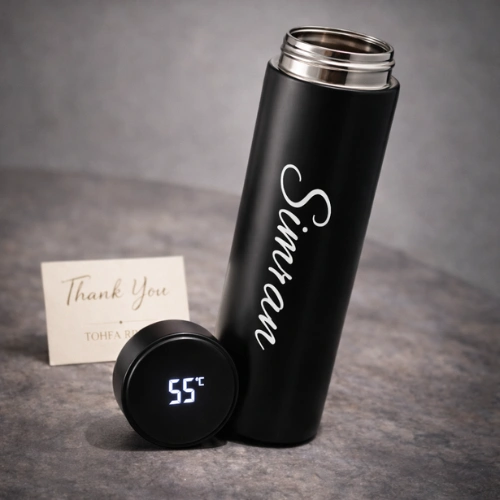 Black personalised-temperature-water-bottle-with-note-card Temperature display water bottle gift with custom note card by Tohfa Riwaz