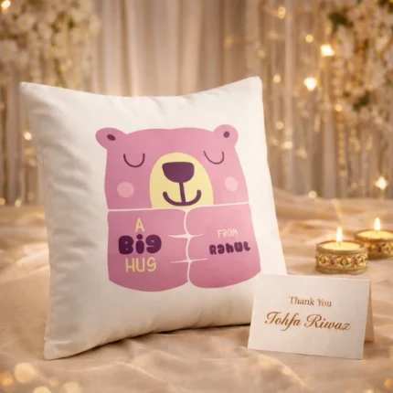 Personalized A Big Hug cushion with custom message card curated by Tohfa Riwaz