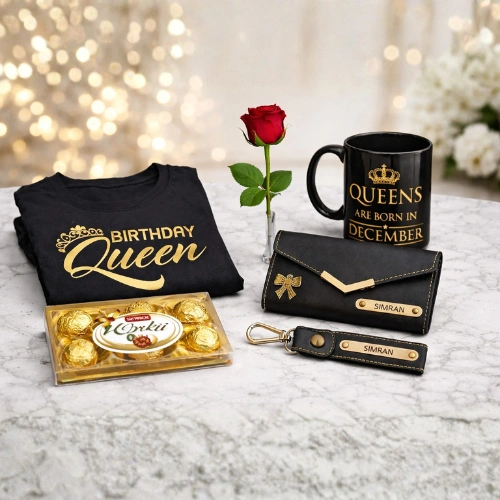 birthday queen gift hamper for girls with mug t-shirt personalized clutch and chocolates in mohali chandigarh