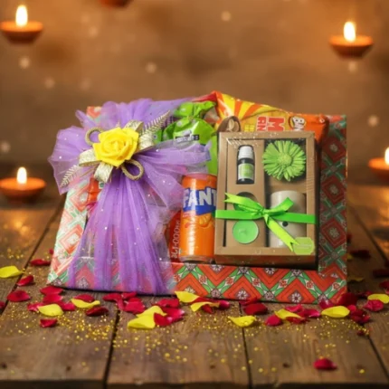 Chocolate confectionery and nuts gift hamper in decorative wooden tray with flowers by Tohfa Riwaz Mohali