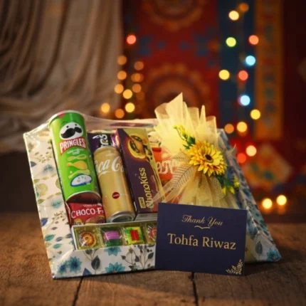 Chocolate confectionery and nuts gift hamper in decorative wooden tray with flowers by Tohfa Riwaz Mohali