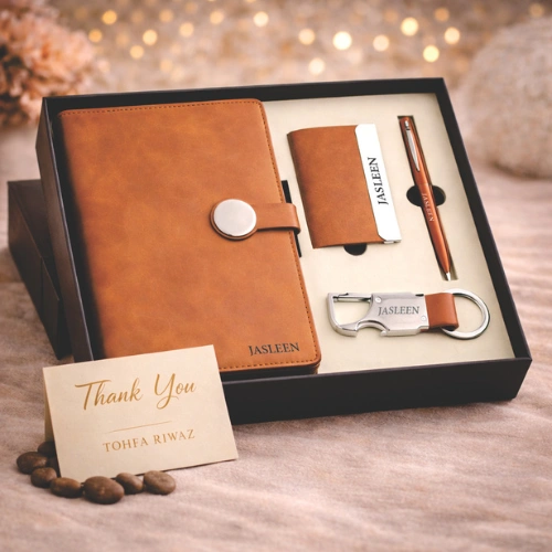 4 in 1 premium gift combo with diary notebook, key chain, card holder and pen by Tohfa Riwaz