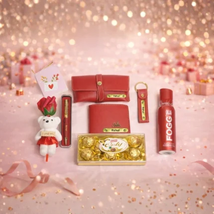 Personalized couple gift hamper with custom wallet chocolates teddy and fragrance by Tohfa Riwaz