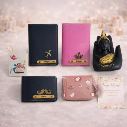 Personalized couple passport cover and wallet gift hamper curated by Tohfa Riwaz