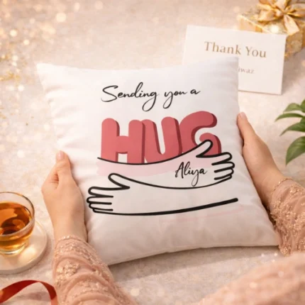 Personalized A Big Hug cushion with custom message card curated by Tohfa Riwaz