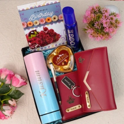 Customized women gift set featuring ladies clutch passport cover and keychain