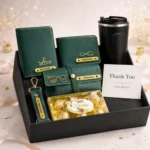 Customized men gift set featuring leather wallet stainless steel coffee tumbler and keychain