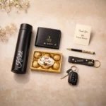 Customized men gift combo featuring leather wallet keychain pen and water bottle