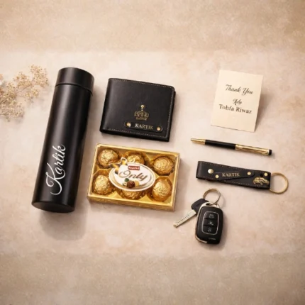 Customized men gift combo featuring leather wallet keychain pen and water bottle