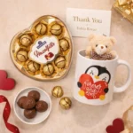 Personalized gift combo with coffee mug, teddy and chocolate box curated by Tohfa Riwaz