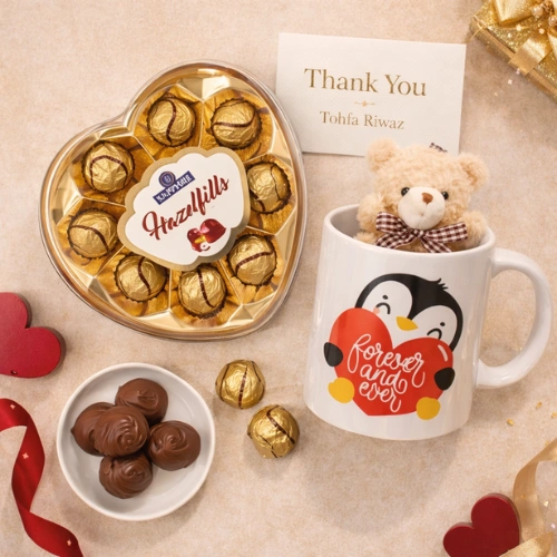 Personalized gift combo with coffee mug, teddy and chocolate box curated by Tohfa Riwaz