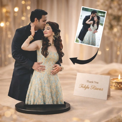 Personalized photo cut-out stand with custom note card by Tohfa Riwa