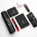 Premium personalized leather gift set for men featuring wallet notebook pen and keychain