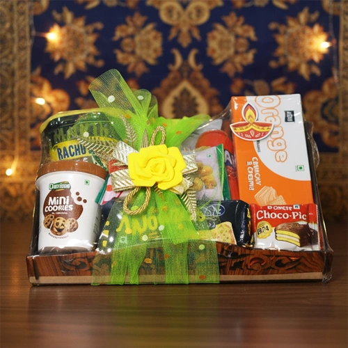 Luxury confectionery and nuts gift hamper in decorative wooden tray by Tohfa Riwaz Mohali
