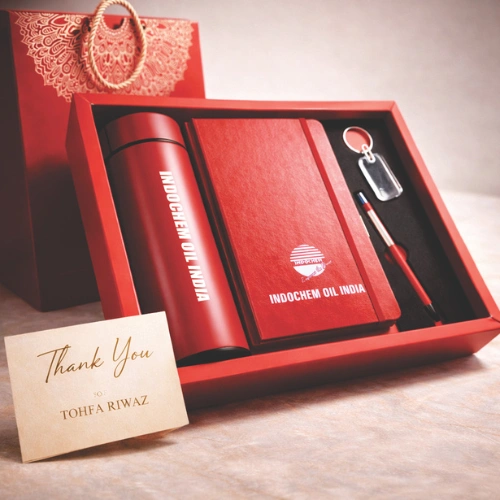 4 in 1 gift combo with diary notebook, stainless steel water bottle, pen and key chain by Tohfa Riwaz