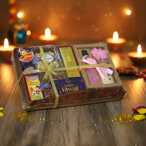 Fragrance dispenser chocolate and nuts gift hamper in decorative wooden tray by Tohfa Riwaz Mohali