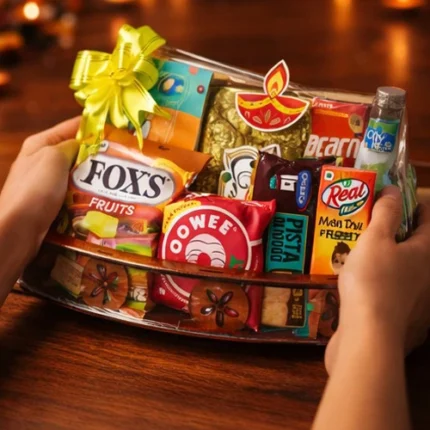 Luxury confectionery and nuts gift hamper in decorative wooden tray by Tohfa Riwaz Mohali