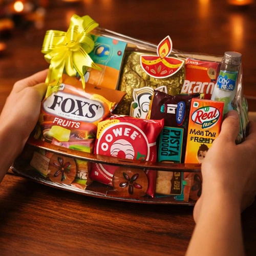 Luxury confectionery and nuts gift hamper in decorative wooden tray by Tohfa Riwaz Mohali