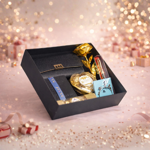 Luxury personalized couple gift hamper with clutch wallet golden rose and chocolates by Tohfa Riwaz