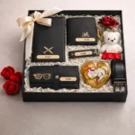 Men gift set featuring premium wallet leather belt sunglasses cover and deodorant