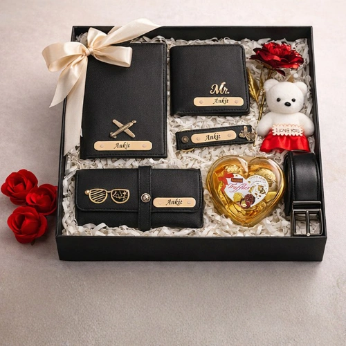 Men gift set featuring premium wallet leather belt sunglasses cover and deodorant