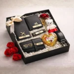 Men gift set featuring premium wallet leather belt sunglasses cover and deodorant