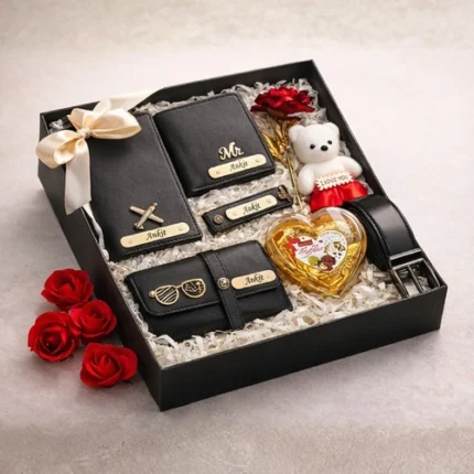 Men gift set featuring premium wallet leather belt sunglasses cover and deodorant