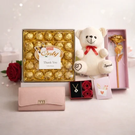 Luxury personalized gift hamper for her with ladies clutch teddy necklace and big chocolate box by Tohfa Riwaz