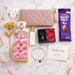 Luxury personalized gift hamper for her with clutch teddy jewellery chocolates and perfume by Tohfa Riwaz