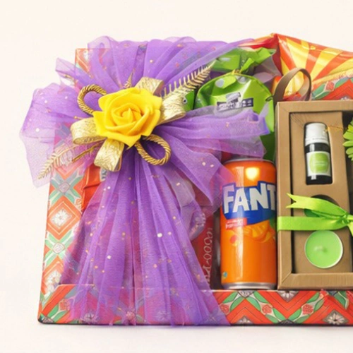 Luxury wooden tray gift hamper with chocolates nuts flowers and greeting card Mohali
