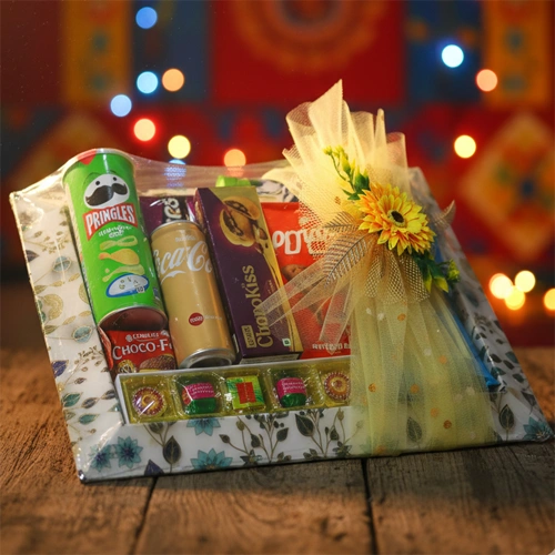 Luxury wooden tray gift hamper with chocolates nuts flowers and greeting card Mohali