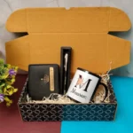 Customized men gift set featuring leather wallet stainless steel coffee tumbler and keychain