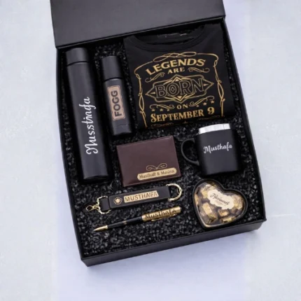 Men birthday gift set featuring printed t shirt custom wallet and fogg deodorant