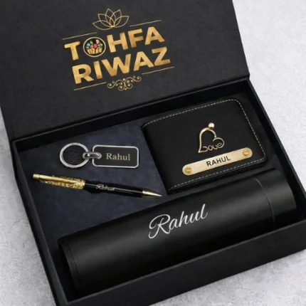 Men birthday gift combo featuring wallet keychain stainless steel bottle and pen