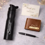 Men gift combo featuring custom wallet motivational quote photo frame and stainless steel bottle