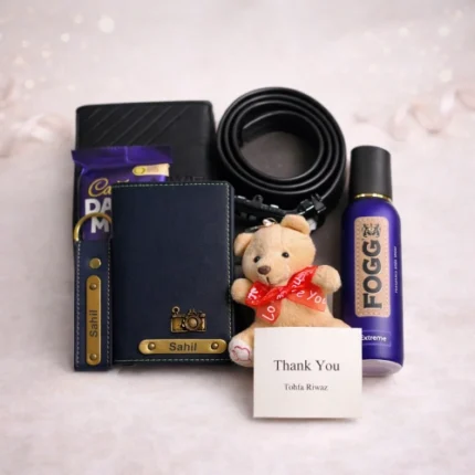 Men gift set featuring premium wallet leather belt sunglasses cover and deodorant