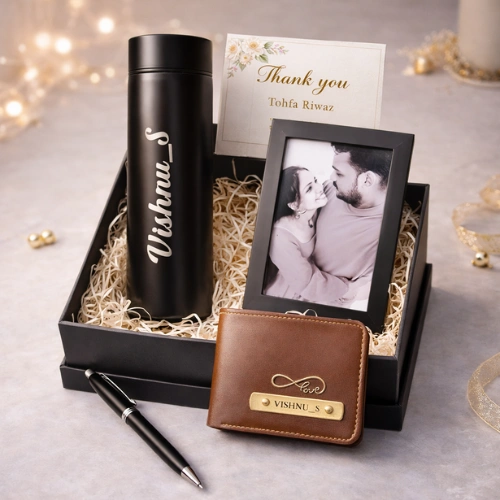 Personalised photo frame gift hamper with premium accessories by Tohfa Riwaz