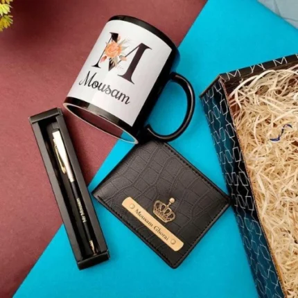 Personalized premium men’s gift hamper with wallet coffee tumbler keychain and chocolates by Tohfa Riwaz
