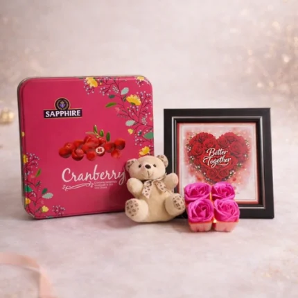 Personalized couple combo gift hamper with wallets teddy photo frame and chocolates by Tohfa Riwaz