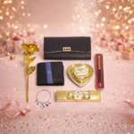 Premium couple gift set featuring ladies clutch men’s wallet and golden rose