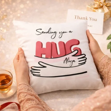 Premium white cushion with sending hug print and personalized note card