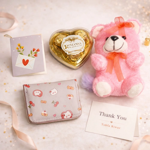 personalized-gift-hamper-for-her-tohfa-riwaz-1 Personalized gift hamper for her with ladies wallet teddy chocolates and charm by Tohfa Riwaz