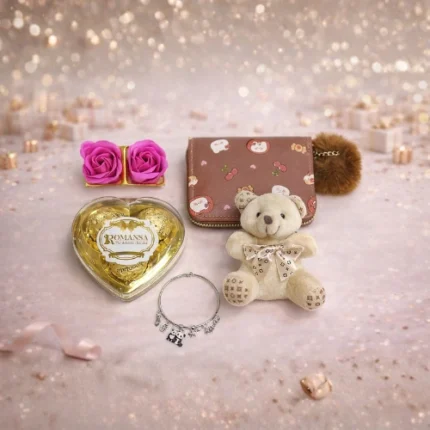 Personalized gift hamper for her with ladies wallet teddy chocolates and charm by Tohfa Riwaz