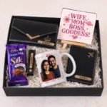 Personalized luxury gift hamper for her with clutch photo mug passport cover and chocolates by Tohfa Riwa