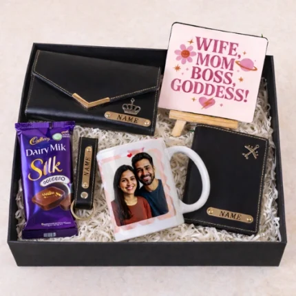 Personalized luxury gift hamper for her with clutch photo mug passport cover and chocolates by Tohfa Riwa