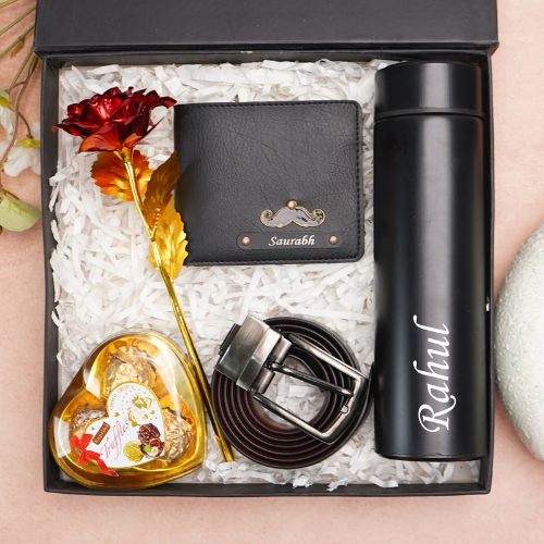personalized-men-gift-box-wallet-belt-bottle-tohfa-riwaz-1 Personalized men’s gift box with wallet leather belt stainless steel bottle and chocolates by Tohfa Riwaz