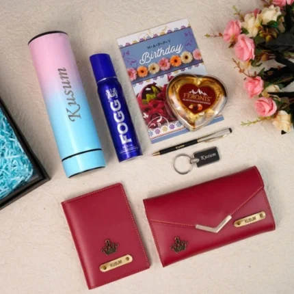 Personalized premium gift hamper for her with ladies clutch passport cover bottle and chocolates by Tohfa Riwaz