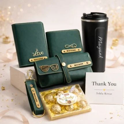 Personalized premium men’s gift hamper with wallet coffee tumbler keychain and chocolates by Tohfa Riwaz